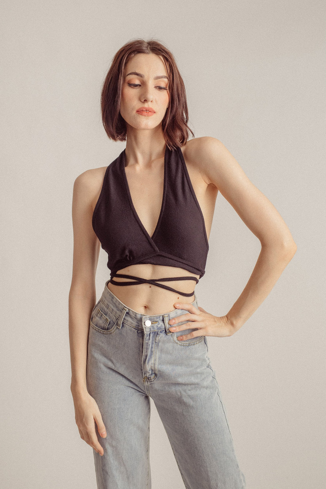 Noze Black Wrap Around Neck Tie Back Crop Top