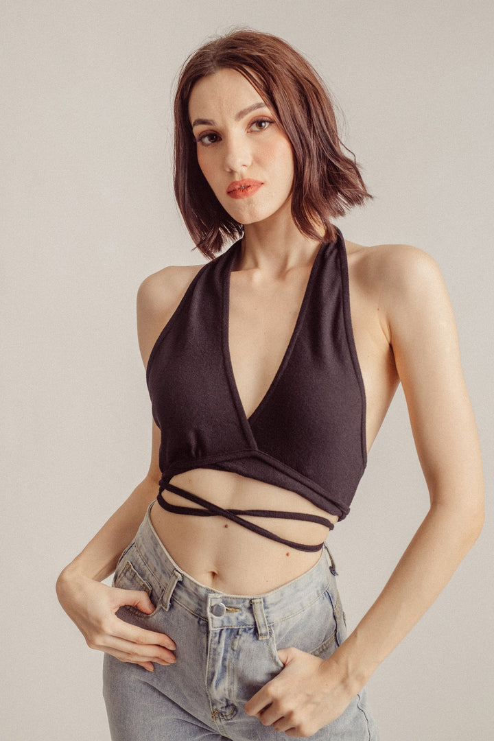Noze Black Wrap Around Neck Tie Back Crop Top