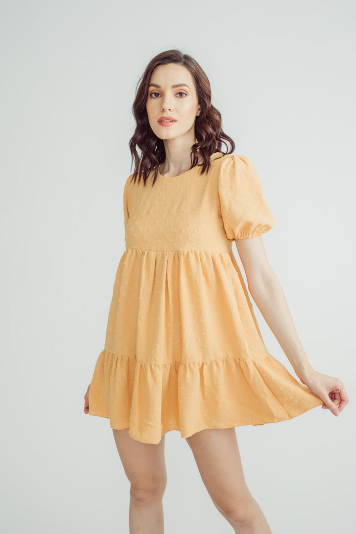 Tessie Canary Yellow Round Neck Puff Sleeves Ruffle Hem Mini Dress