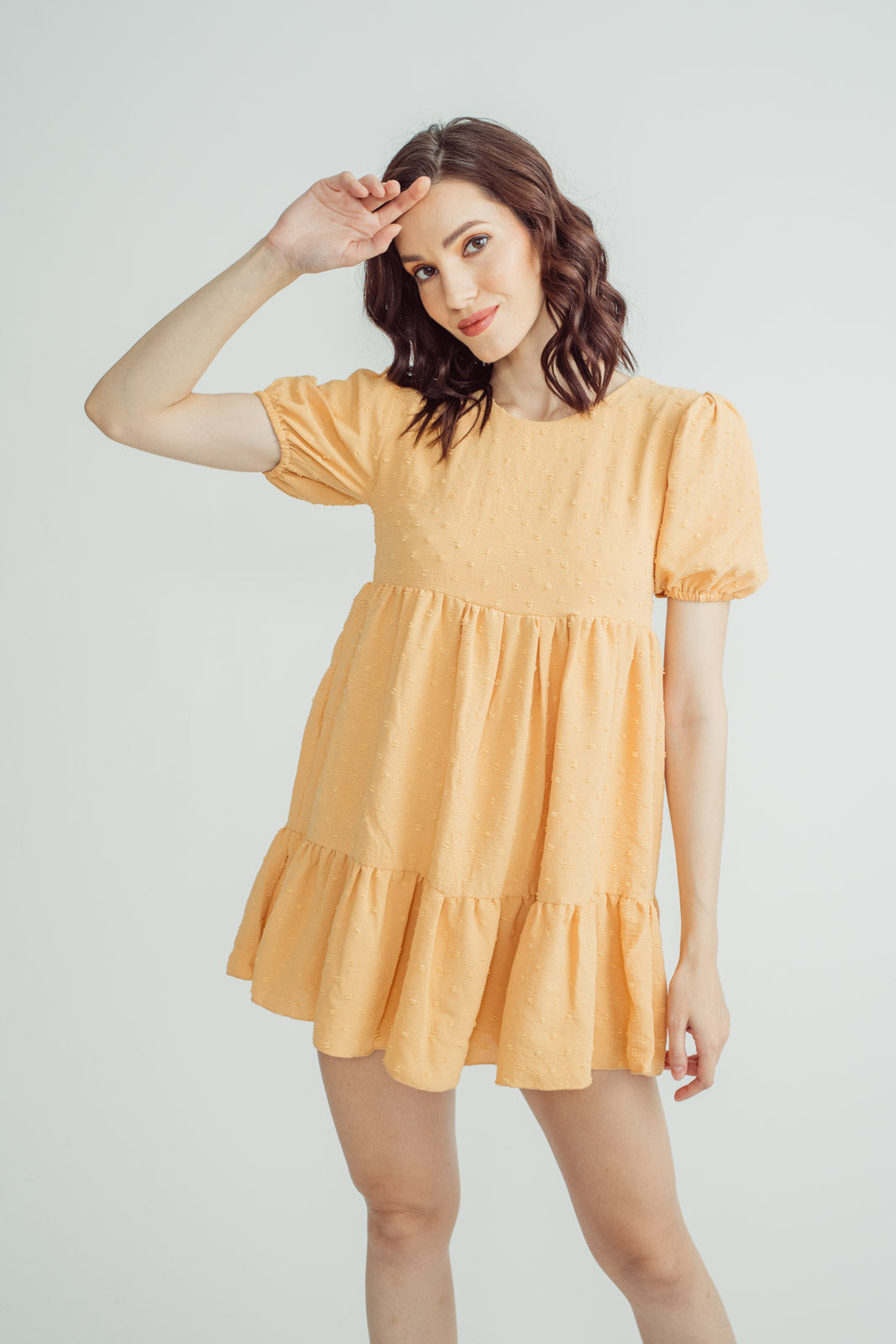 Tessie Canary Yellow Round Neck Puff Sleeves Ruffle Hem Mini Dress