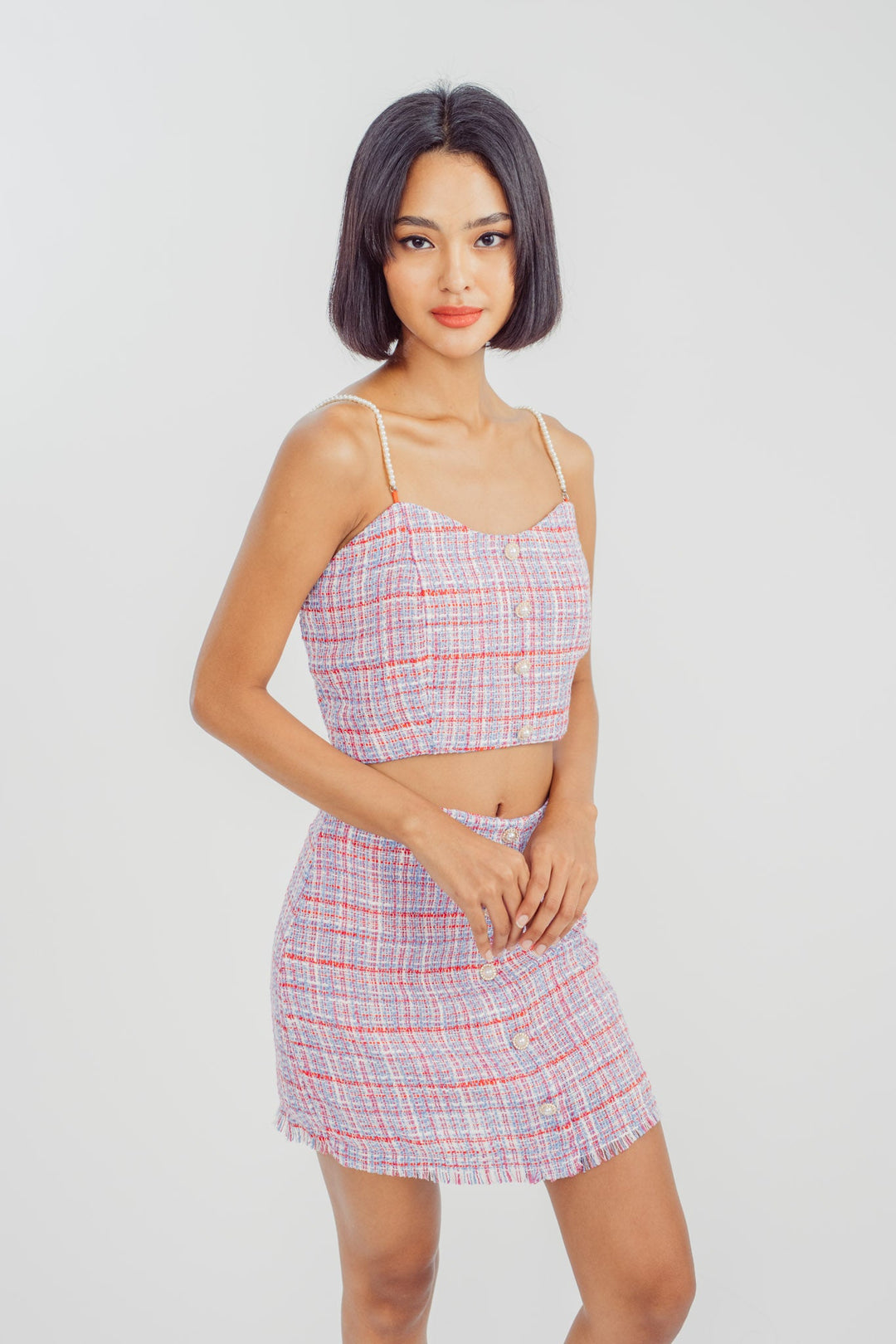 Selmy Purple Tweed V Neck Sleeveless Button Details Cami Top