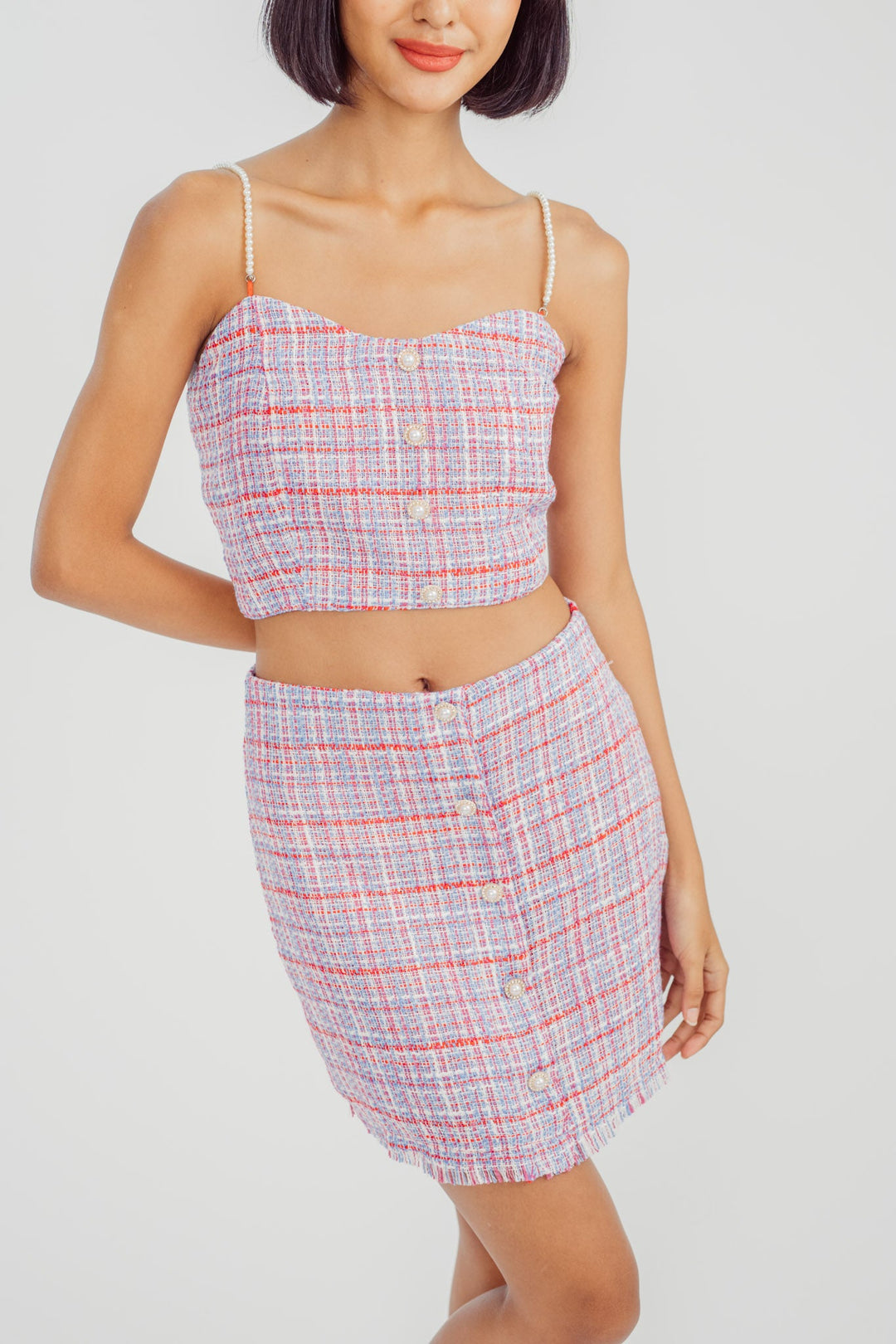 Selmy Purple Tweed V Neck Sleeveless Button Details Cami Top