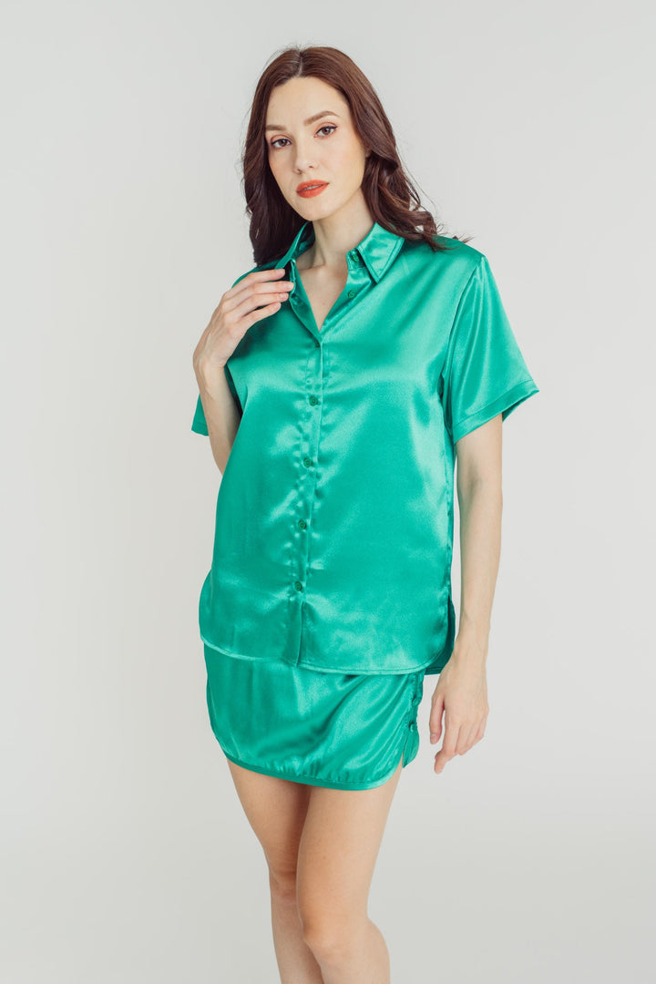 Avyanna Green Silk Turn Down Collar Buttondown Short Sleeves Top