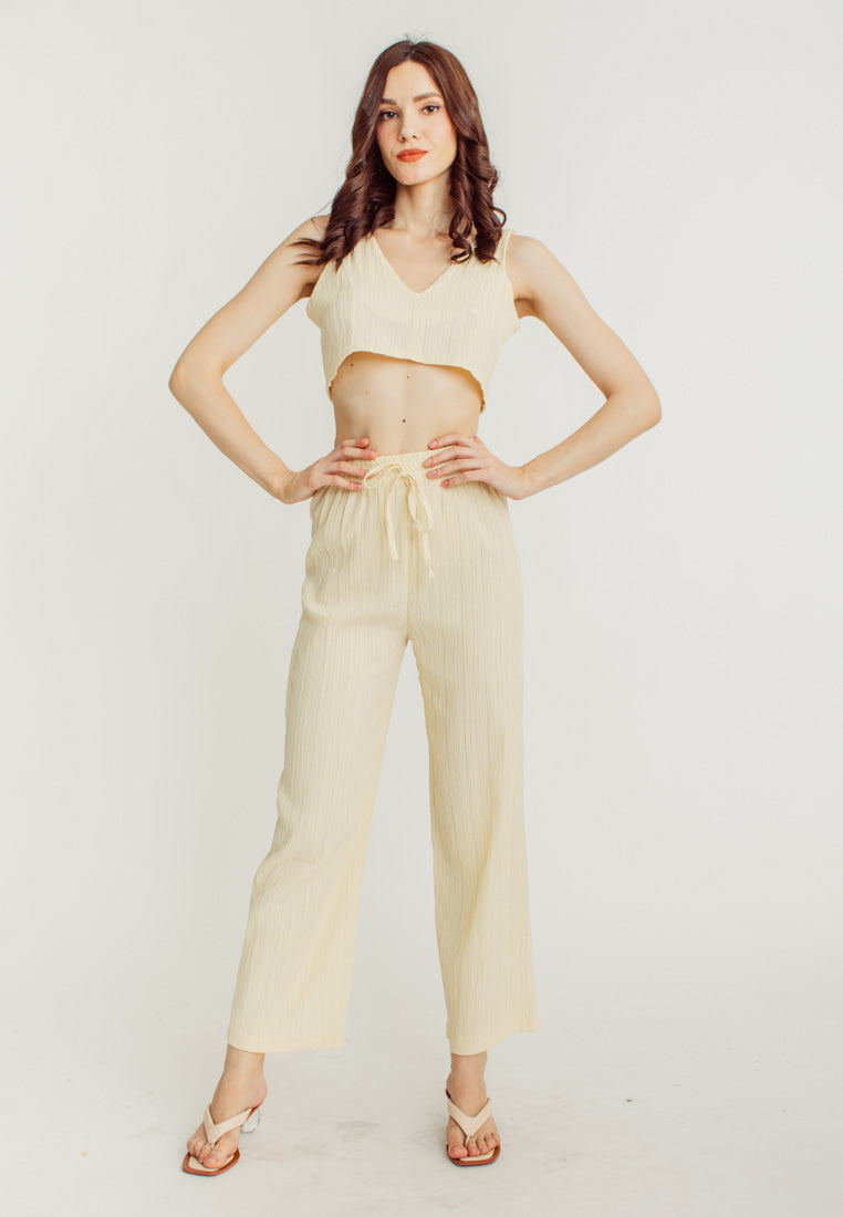 Misty Cream V Neck Sleeveless Crop Top Elastic Waist Straight Cut Culottes Set