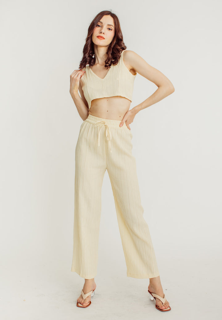 Misty Cream V Neck Sleeveless Crop Top Elastic Waist Straight Cut Culottes Set