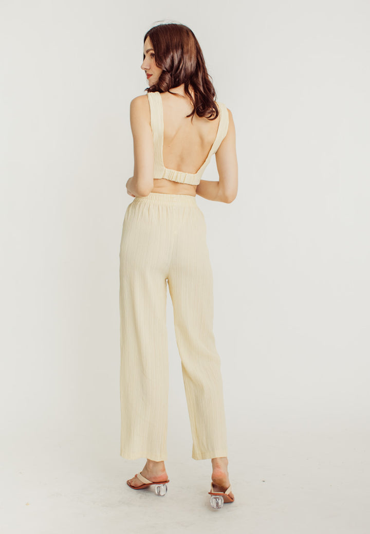 Misty Cream V Neck Sleeveless Crop Top Elastic Waist Straight Cut Culottes Set