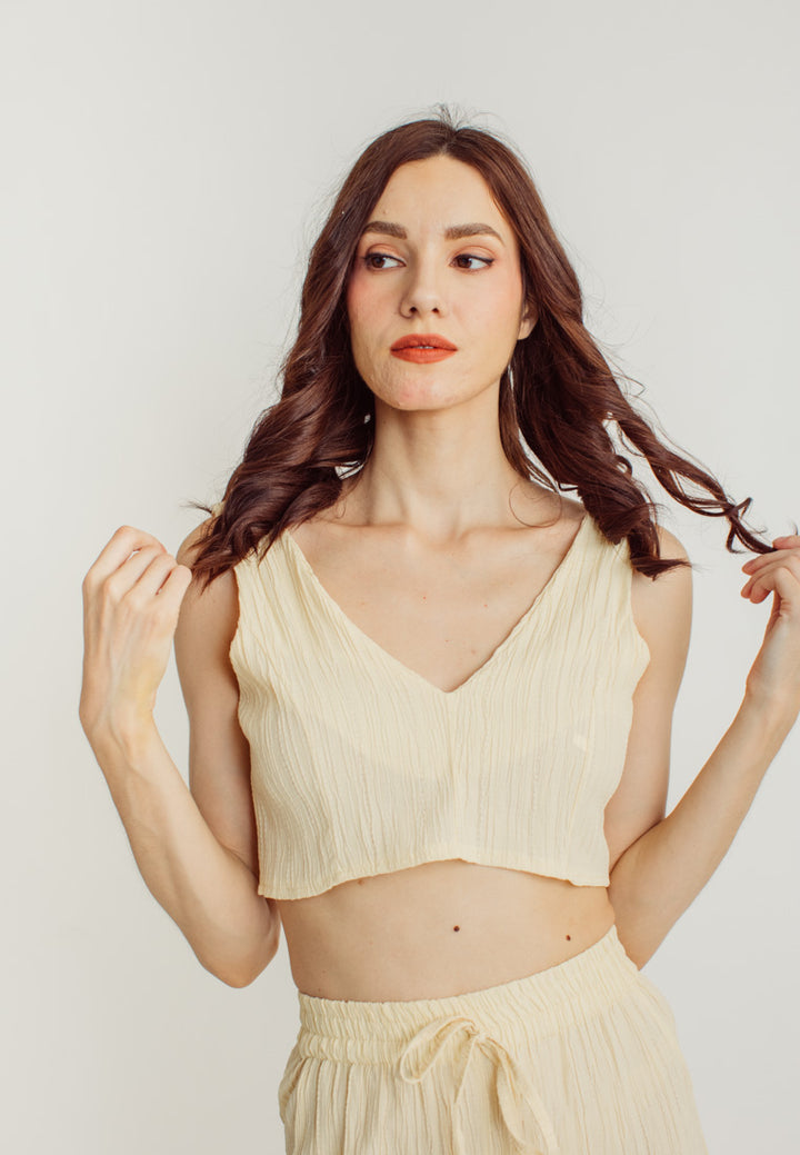 Misty Cream V Neck Sleeveless Crop Top Elastic Waist Straight Cut Culottes Set