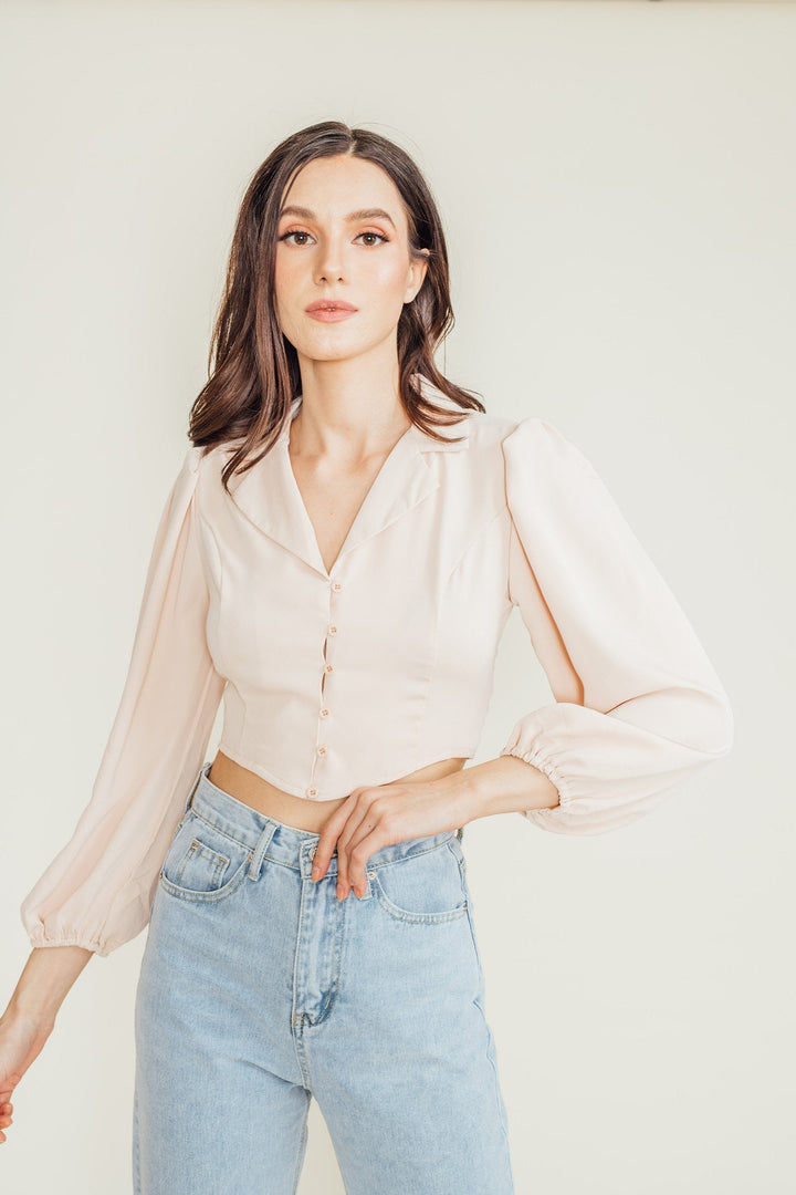 Justine Beige Notched Collar V Neck Buttondown Long Sleeves Top