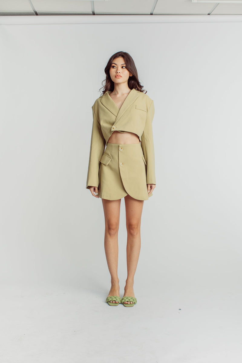 Leona Beige Cropped Blazer Top with Mini Skirt Set