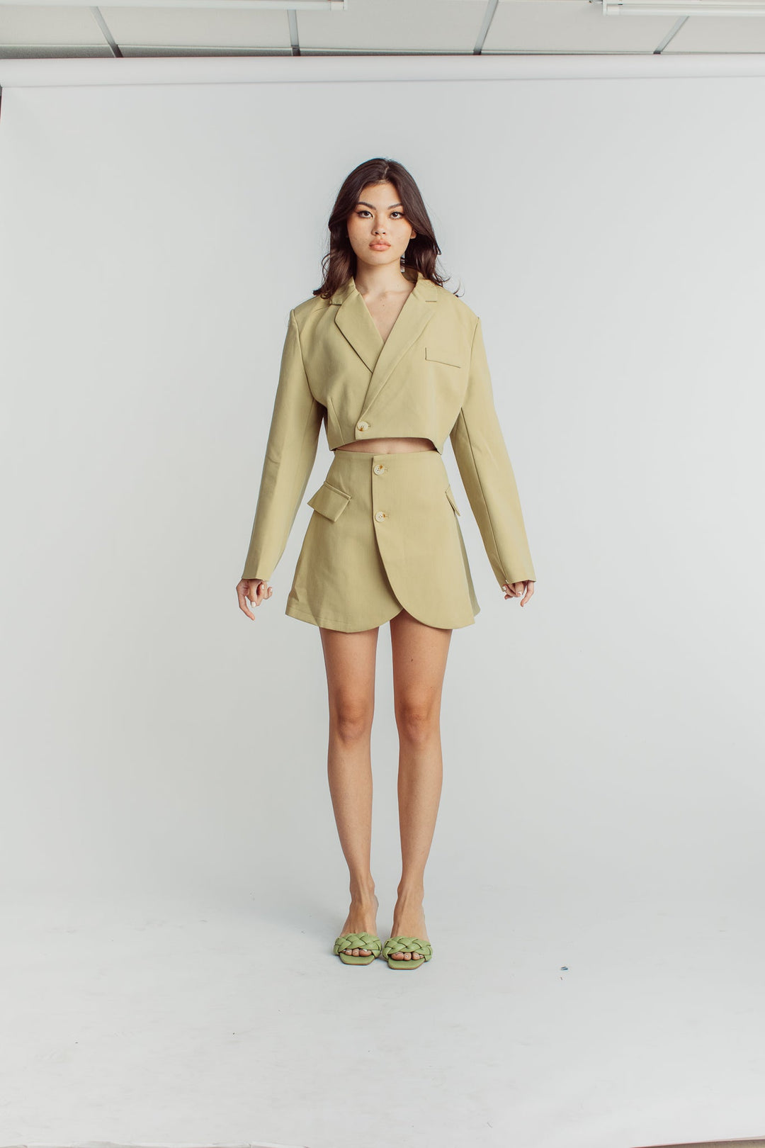 Leona Beige Cropped Blazer Top with Mini Skirt Set