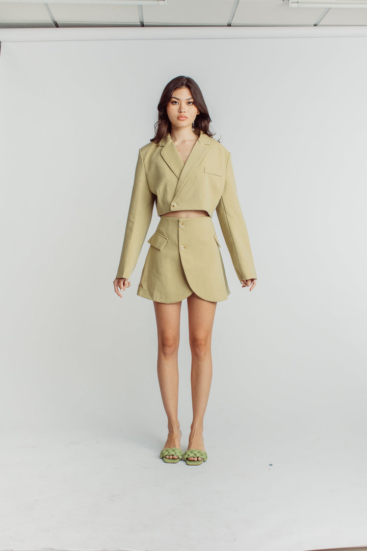 Leona Beige Cropped Blazer Top with Mini Skirt Set