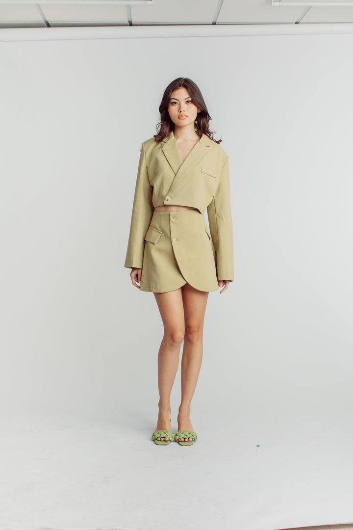 Leona Beige Cropped Blazer Top with Mini Skirt Set