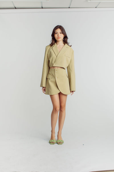 Leona Beige Cropped Blazer Top with Mini Skirt Set