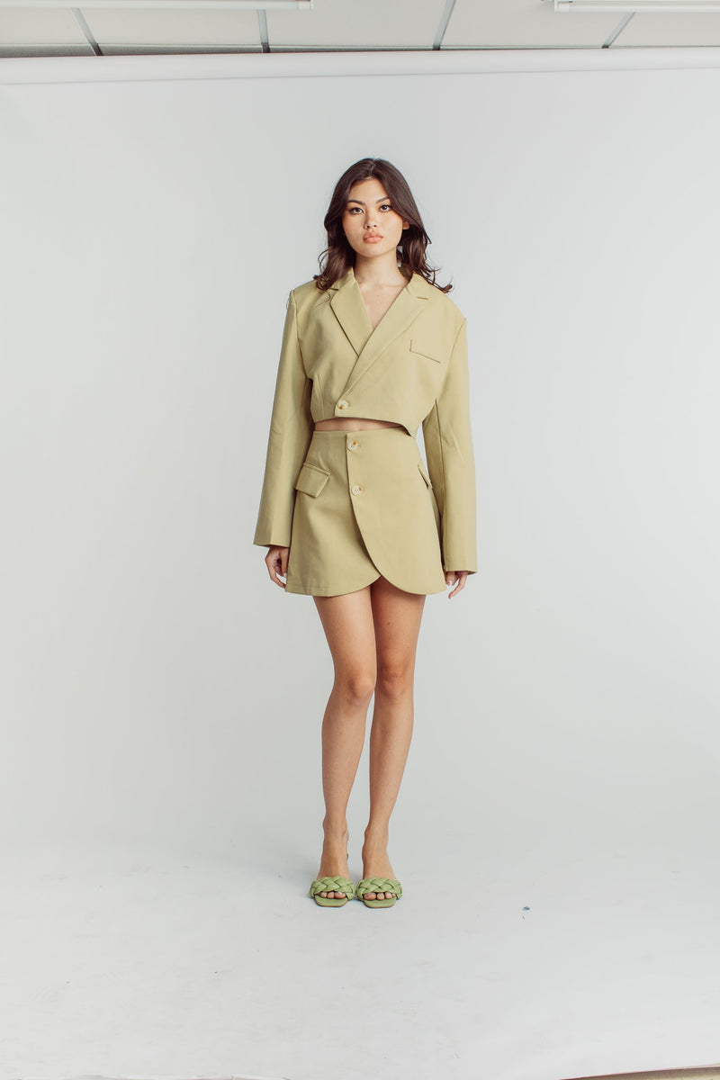 Leona Beige Cropped Blazer Top with Mini Skirt Set