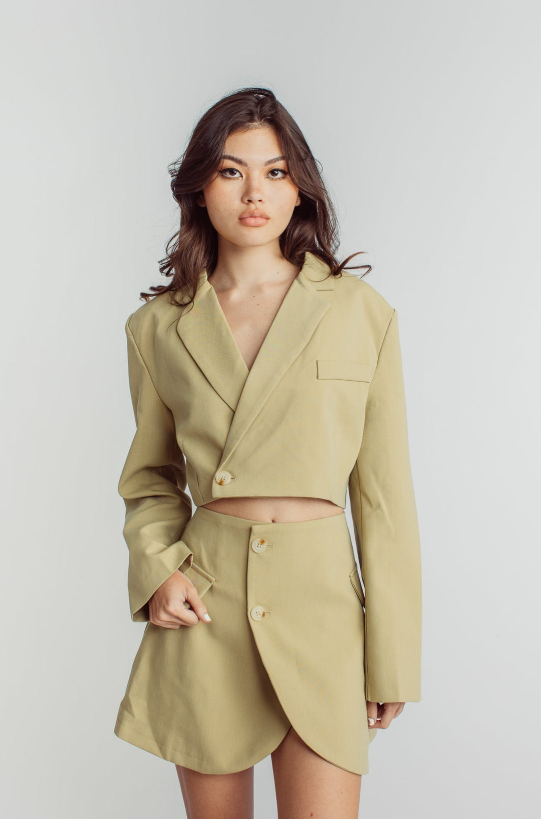 Leona Beige Cropped Blazer Top with Mini Skirt Set
