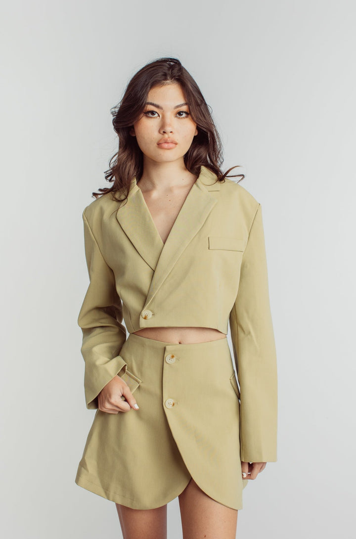 Leona Beige Cropped Blazer Top with Mini Skirt Set
