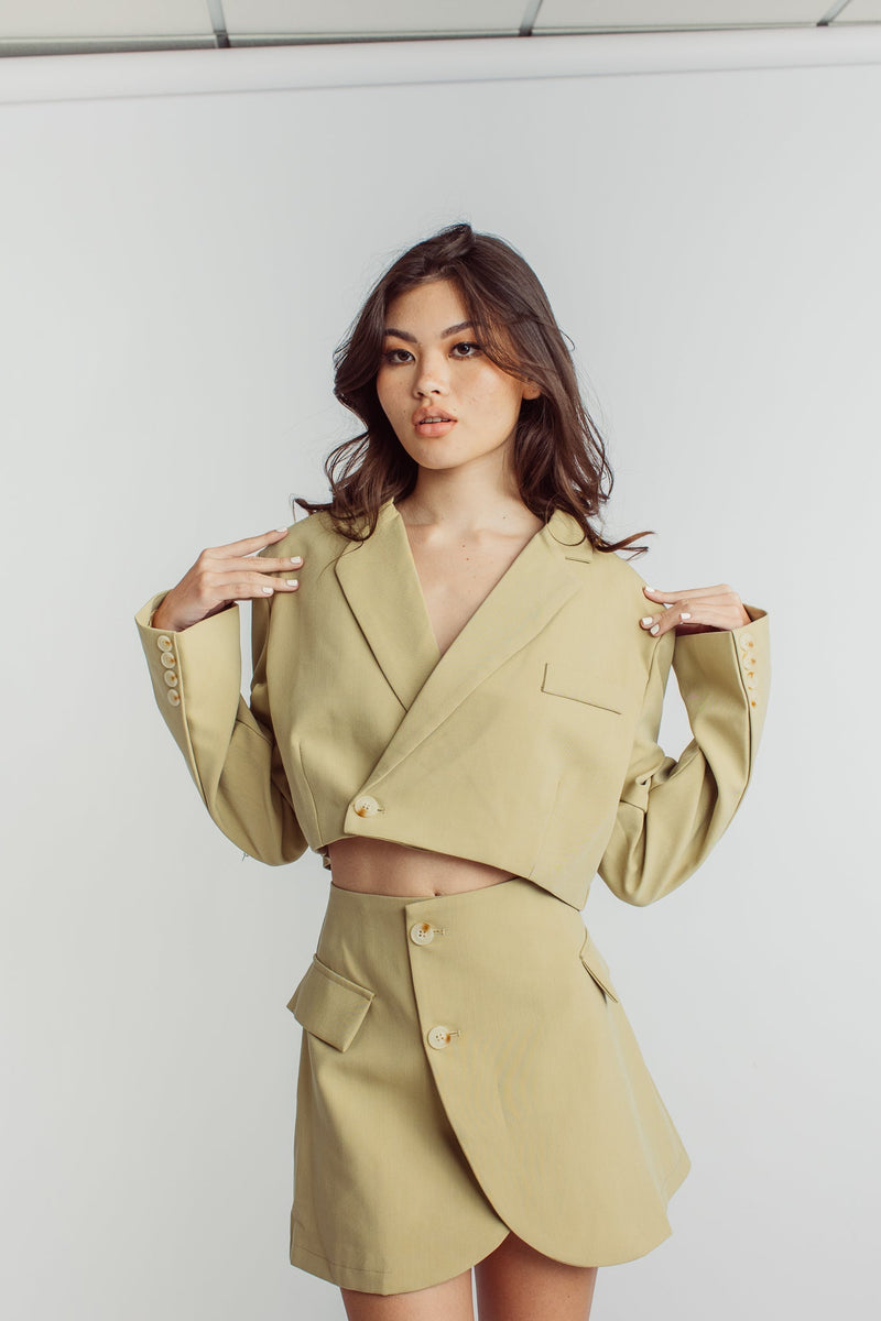 Leona Beige Cropped Blazer Top with Mini Skirt Set