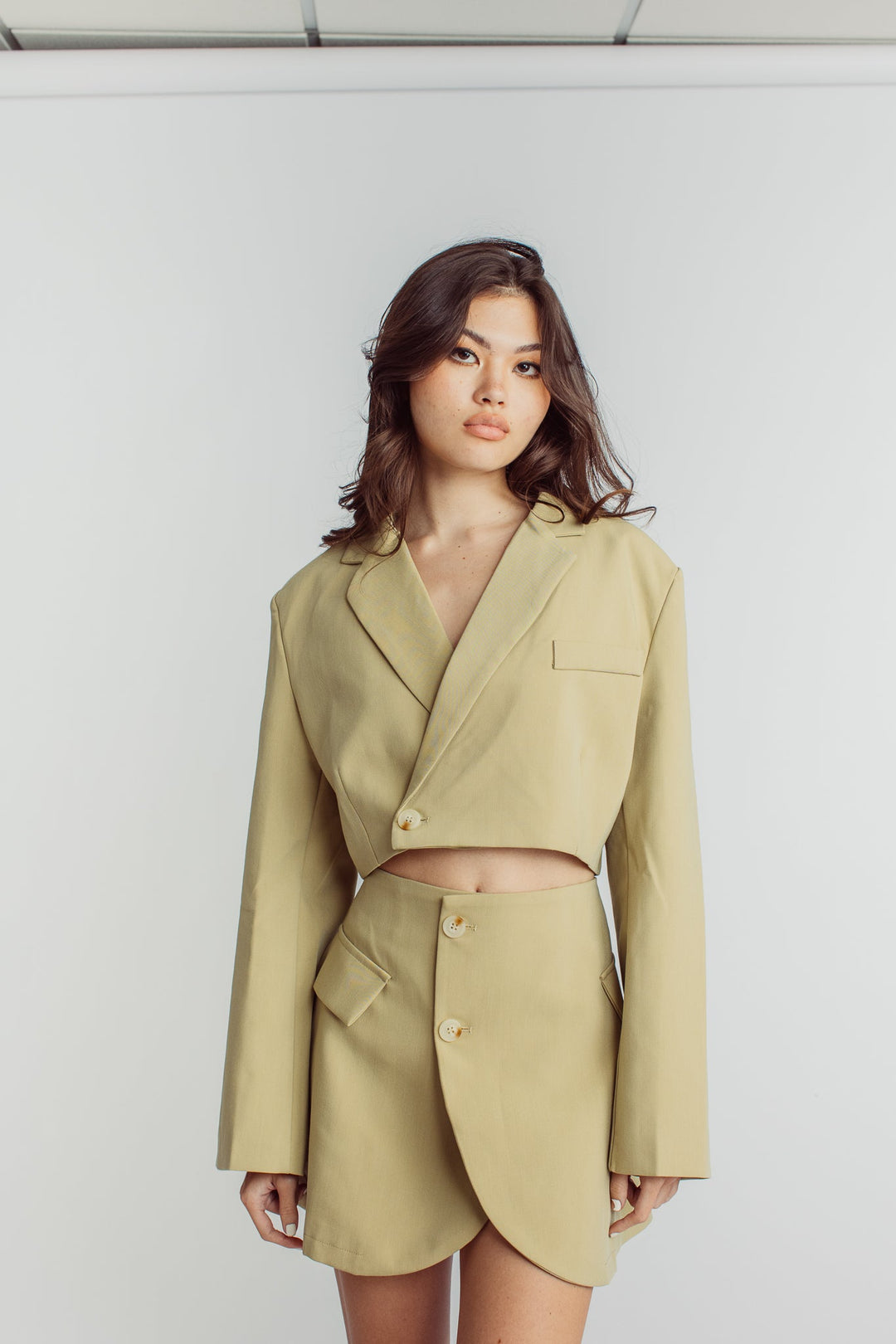 Leona Beige Cropped Blazer Top with Mini Skirt Set