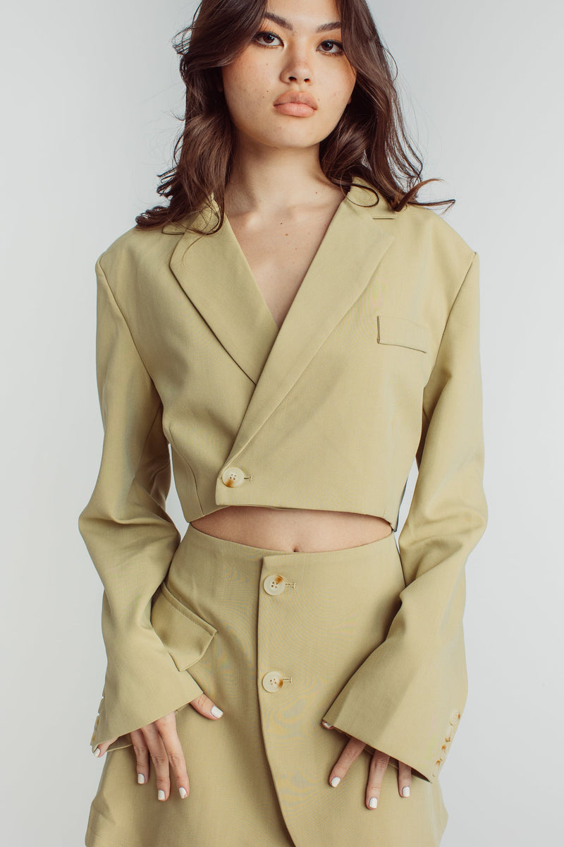 Leona Beige Cropped Blazer Top with Mini Skirt Set