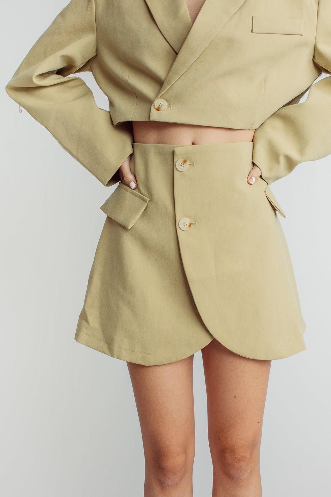 Leona Beige Cropped Blazer Top with Mini Skirt Set