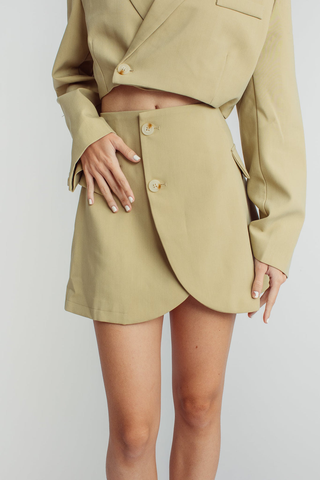 Leona Beige Cropped Blazer Top with Mini Skirt Set
