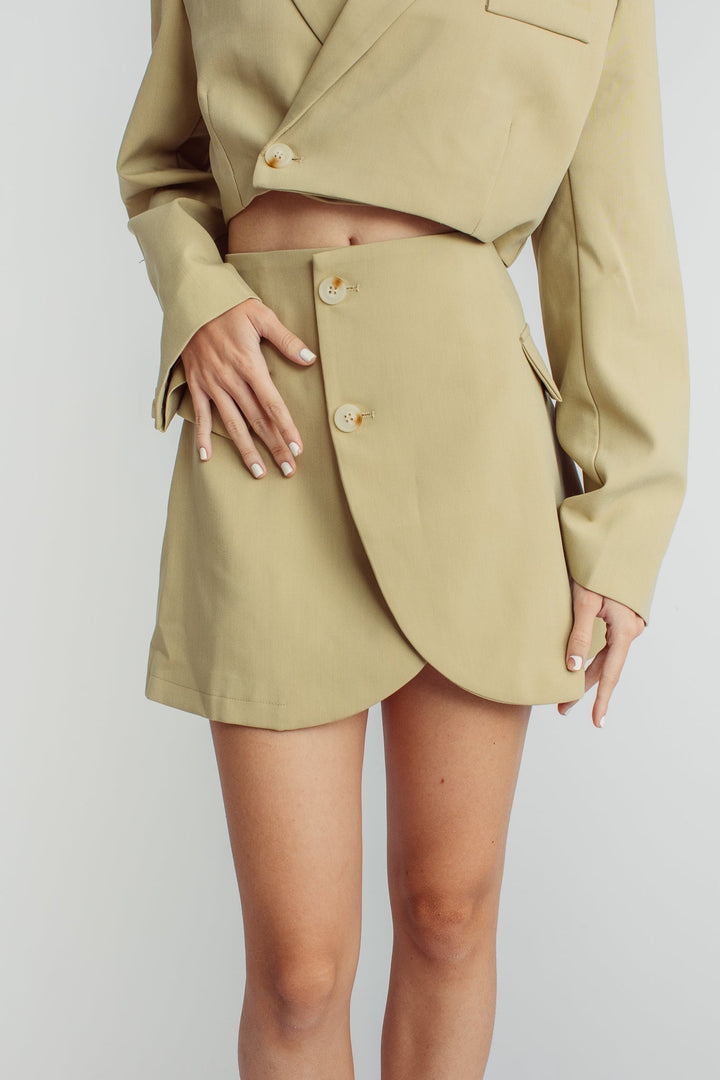 Leona Beige Cropped Blazer Top with Mini Skirt Set