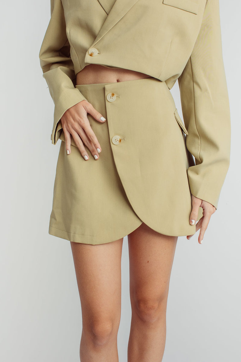 Leona Beige Cropped Blazer Top with Mini Skirt Set