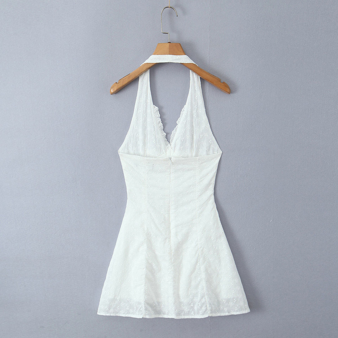Barrett White Back Hollow Out Sleeveless Halter Mini  Dress