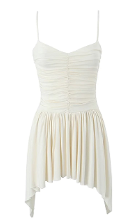 Eirie Beige V Neck Pleated Long Sides Sleeveless Mini Dress
