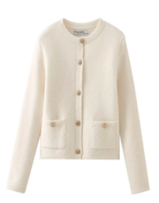 Floyd White Round Neck Button Long Sleeve Sweater Top with Front Pockets