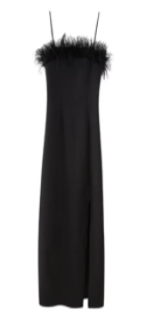 Kiran Black Classic Furr Neckline Side Slit Thin Strap Midi Dress