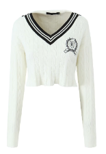 Kasey White with Black V Neckline Knitted Sweater Cropped Jacket