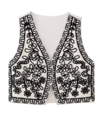 Kowen White with Black Abstract Patterns V Neck Sleeveless Vest Top