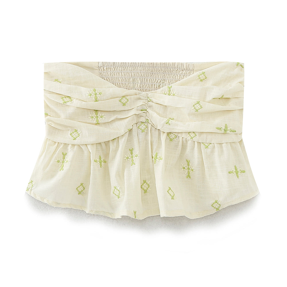 Meira Beige with Green Details Pleated Bust Smock Back Tube Top