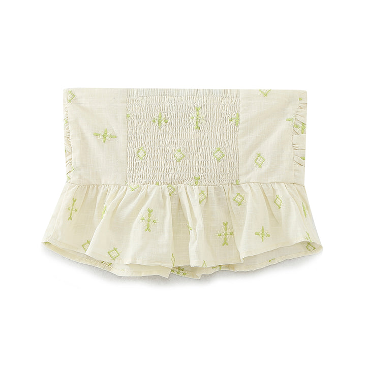 Meira Beige with Green Details Pleated Bust Smock Back Tube Top