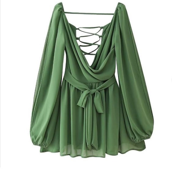 Torry Green Chiffon Hollow Balloon Sleeve Mini Dress