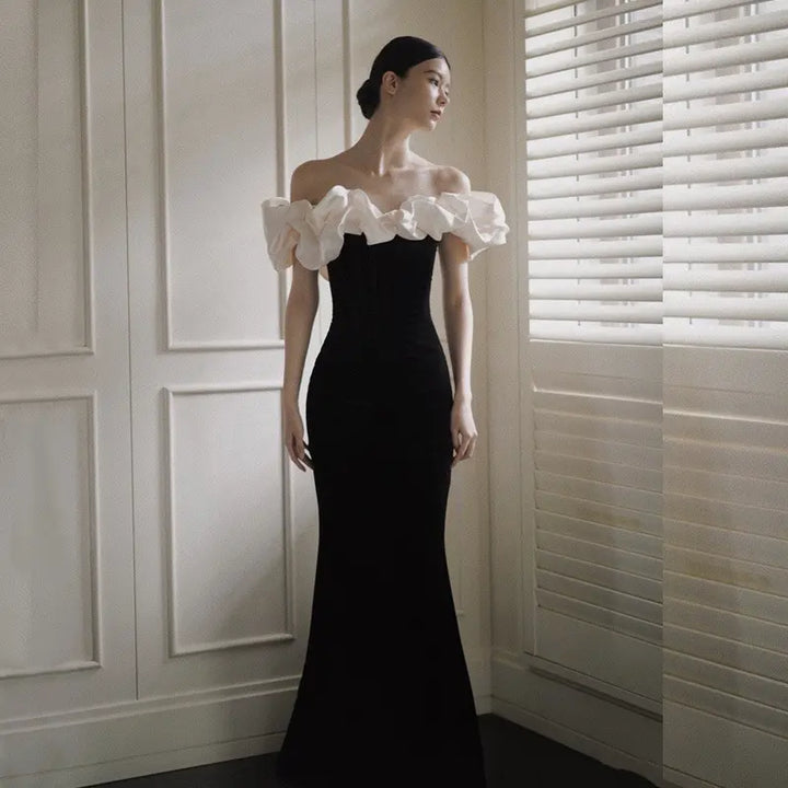 Aarav Black Off Shoulder Ruffle Corset Back Maxi Dress