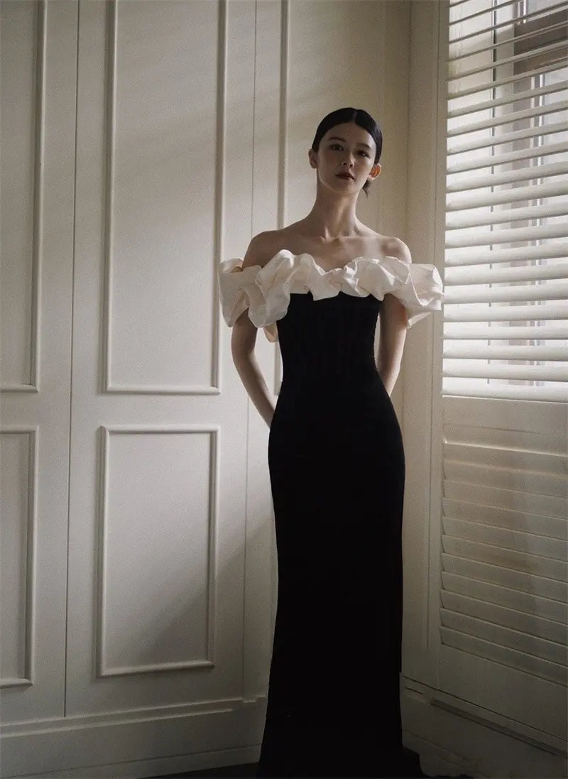 Aarav Black Off Shoulder Ruffle Corset Back Maxi Dress