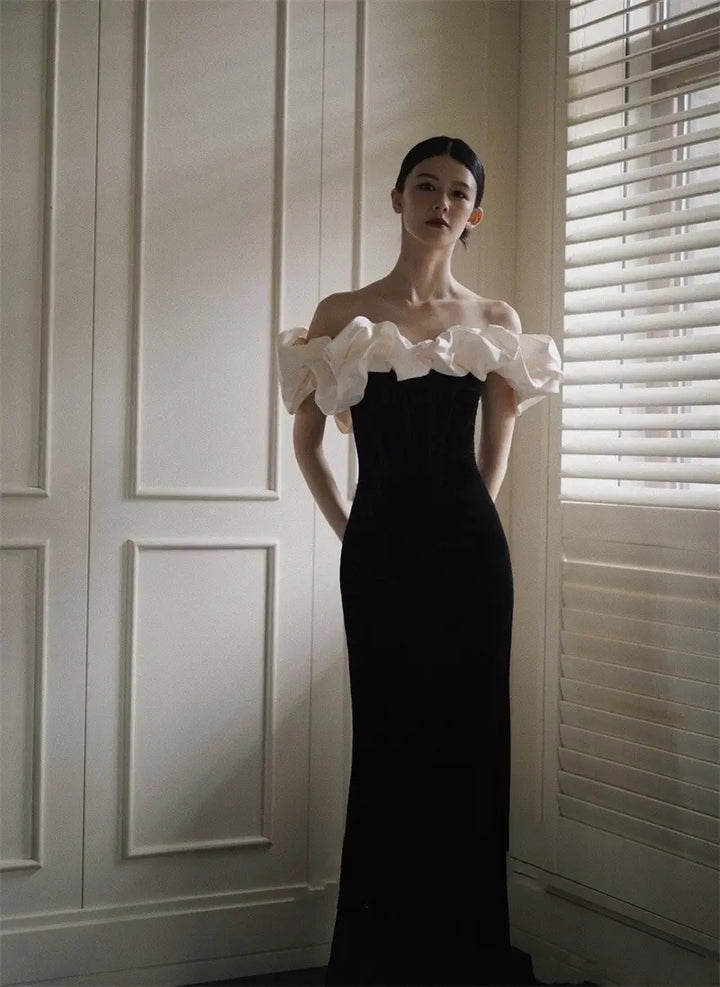 Aarav Black Off Shoulder Ruffle Corset Back Maxi Dress