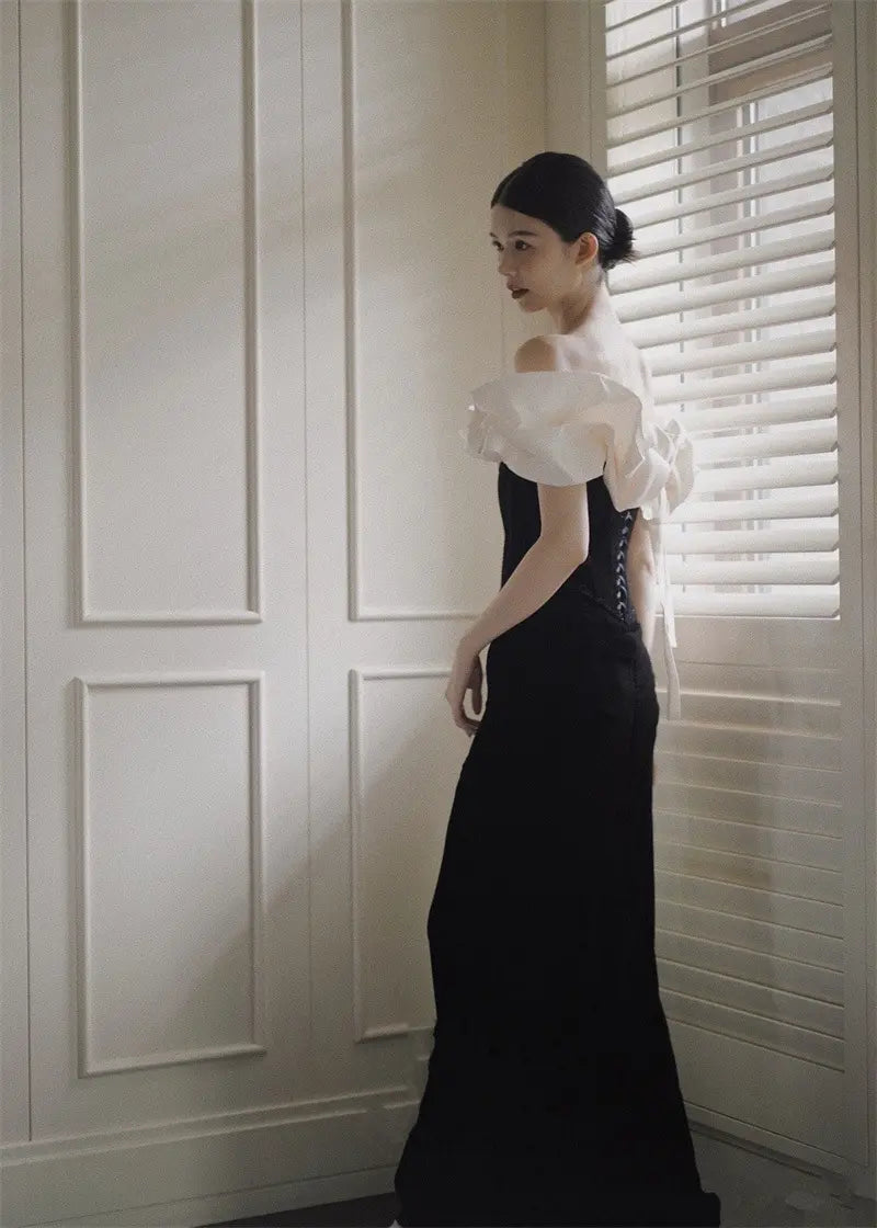 Aarav Black Off Shoulder Ruffle Corset Back Maxi Dress