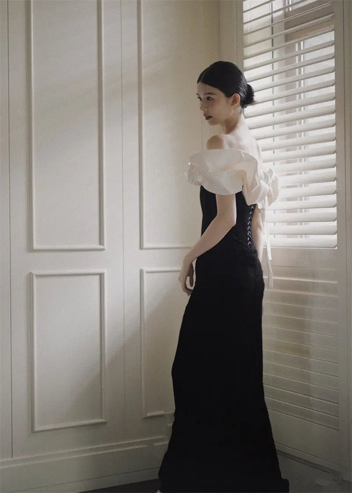 Aarav Black Off Shoulder Ruffle Corset Back Maxi Dress