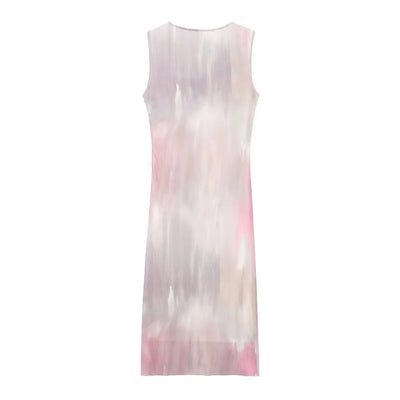 Allona Pastel Abstract Print Crew Neckline Mesh Sleeveless Midi Dress