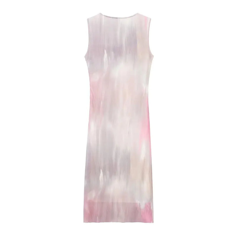 Allona Pastel Abstract Print Crew Neckline Mesh Sleeveless Midi Dress