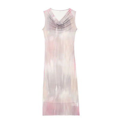 Allona Pastel Abstract Print Crew Neckline Mesh Sleeveless Midi Dress