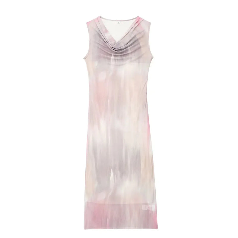 Allona Pastel Abstract Print Crew Neckline Mesh Sleeveless Midi Dress