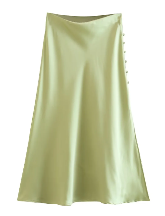 Ainsley Pastel Green Silk Side Buttons Midi Skirt
