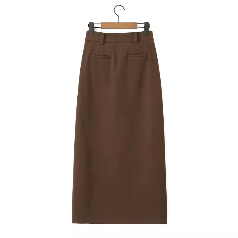 Anisette Almond Brown Zipper Fly Front Slit Casual Midi Skirt