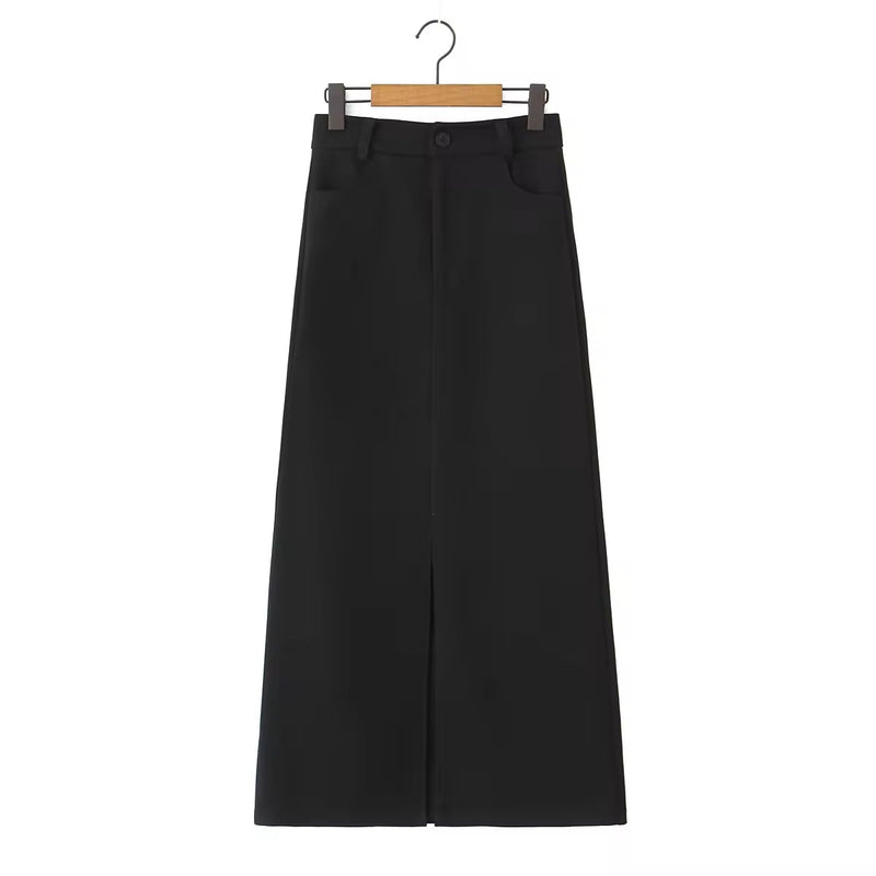 Anisette Black Zipper Fly Front Slit Casual Midi Skirt