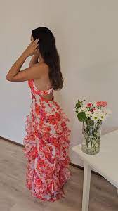 Ariel Red Floral Chiffon Spaghetti Strap Backless Ruffle Midi Dress