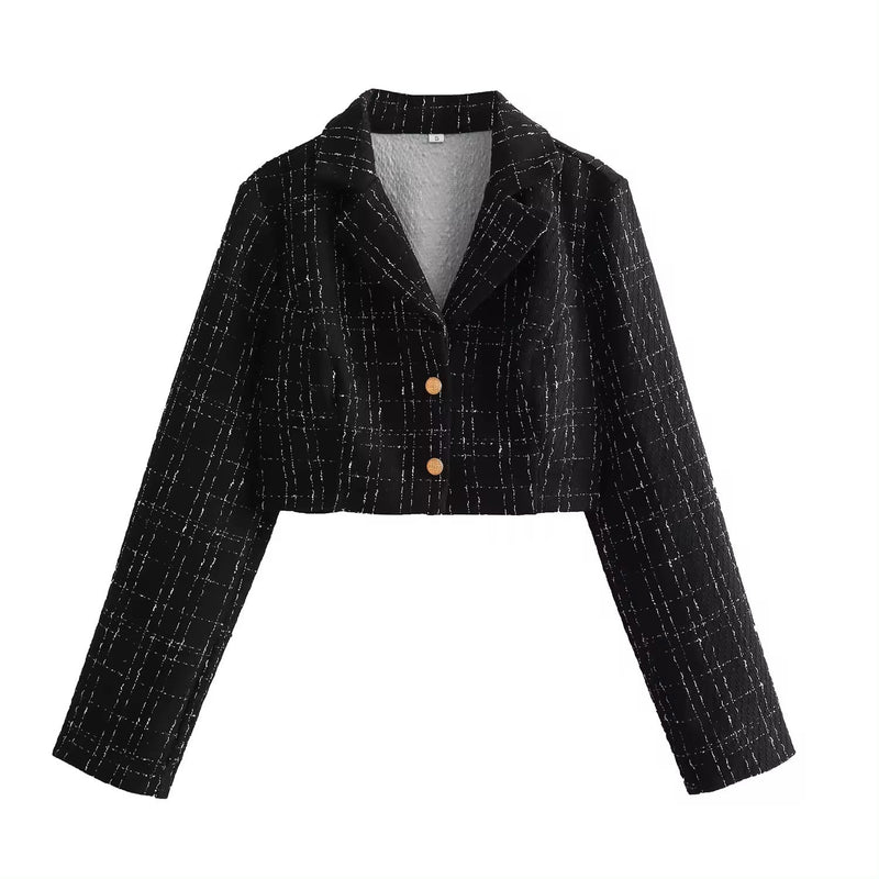 Astraea Black Tweed Notched Collar Long Sleeve Cropped Blazer and Side Zipper Casual Mini Skirt Set